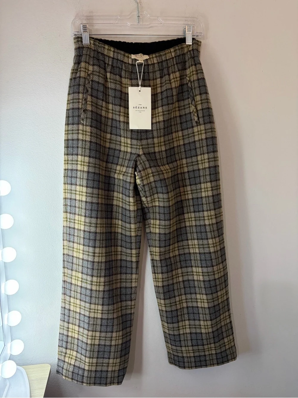 Sezane Plaid Wool and lined Joey Trousers in Gray and Yellow wide leg Elastic